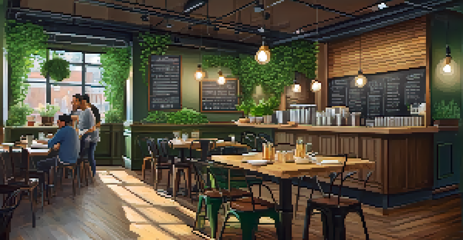 An inviting vegan café interior in Boston with customers enjoying meals and a chalkboard menu on display.