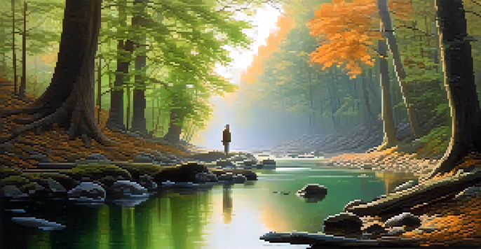 A misty forest landscape with tall trees and a gentle stream, featuring a solitary figure in thought.