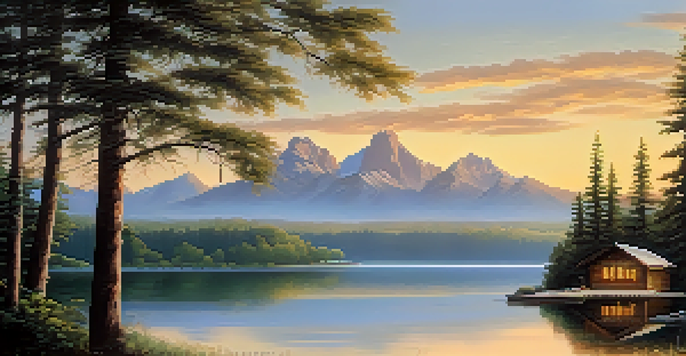 A peaceful landscape showing a lake at sunrise, surrounded by trees and a cabin, creating a sense of tranquility.