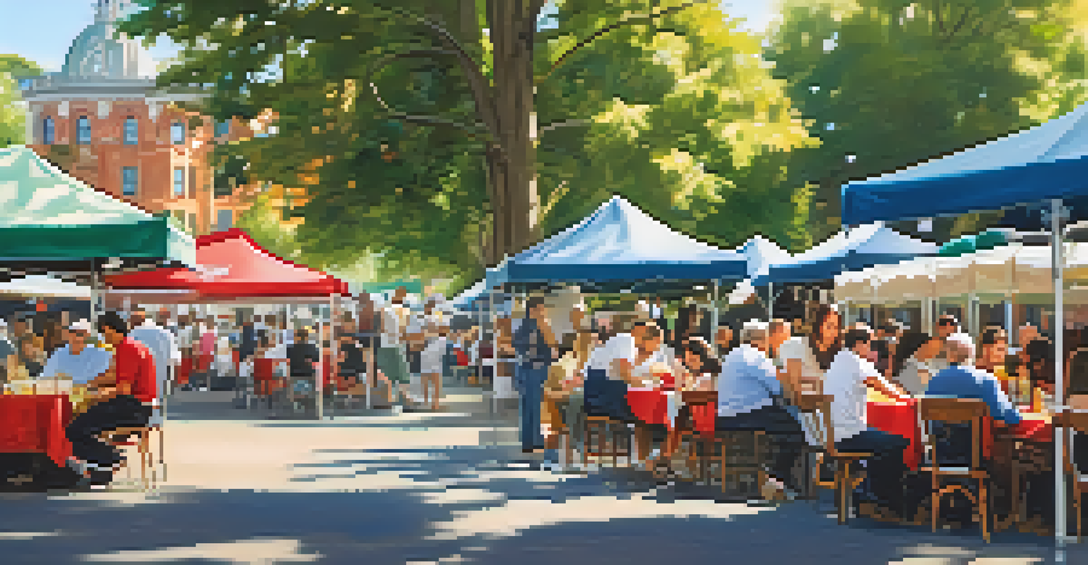 A warm scene at the Boston Italian Festival with families enjoying Italian food, live music, and cultural decorations in a sunny park.