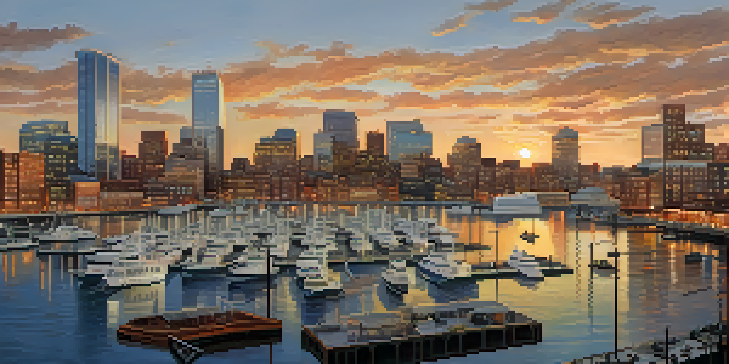 A sunset view of Boston's Seaport District, featuring modern buildings and a busy harbor.