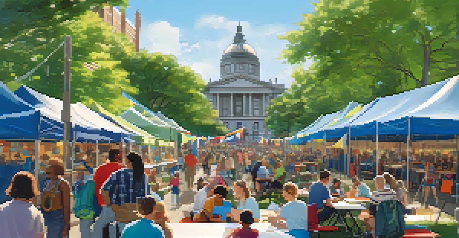 A vibrant outdoor community event at a Boston library with people participating in activities, colorful banners, and tables displaying books and technology.