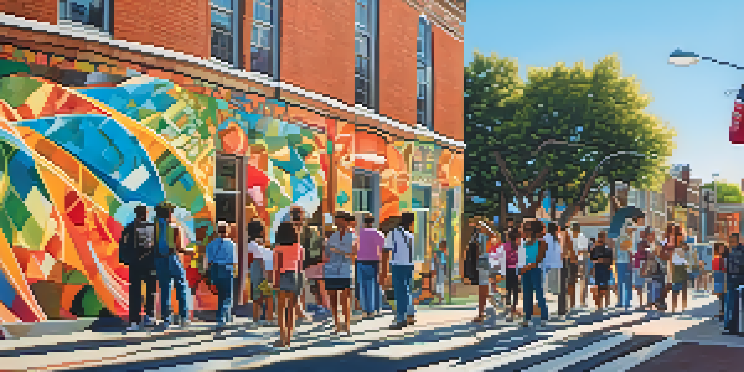 A colorful mural on a city wall showing a group of artists working together, with people walking by and admiring the art in bright sunlight.