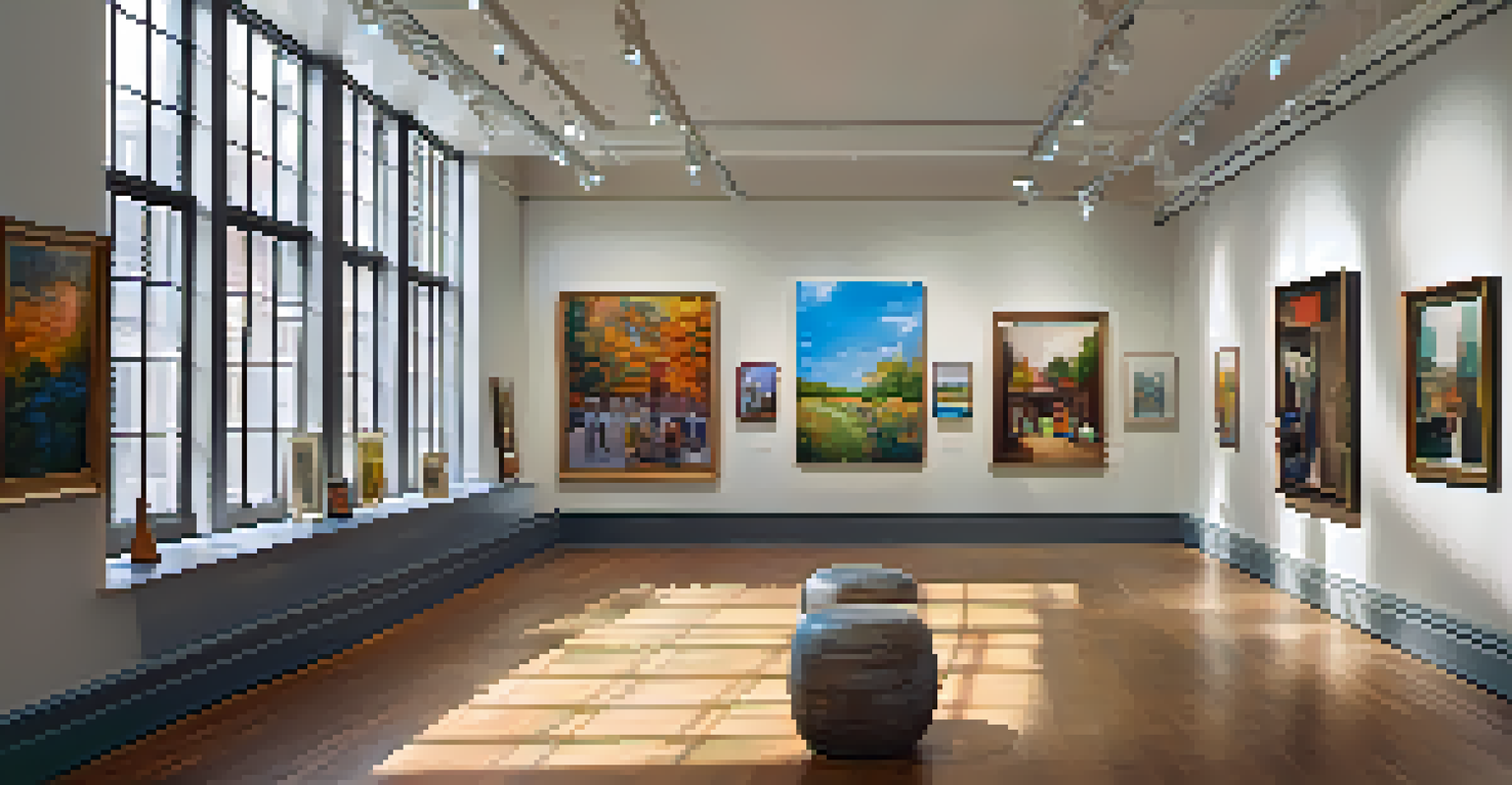Interior of an art gallery in Boston with various artworks displayed and visitors interacting in a bright, inviting atmosphere.