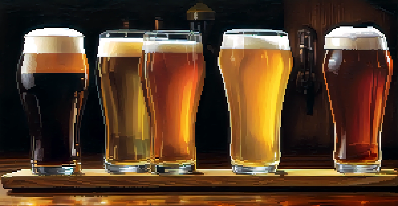 A close-up of a flight of craft beers with various colors and textures presented on a wooden board.