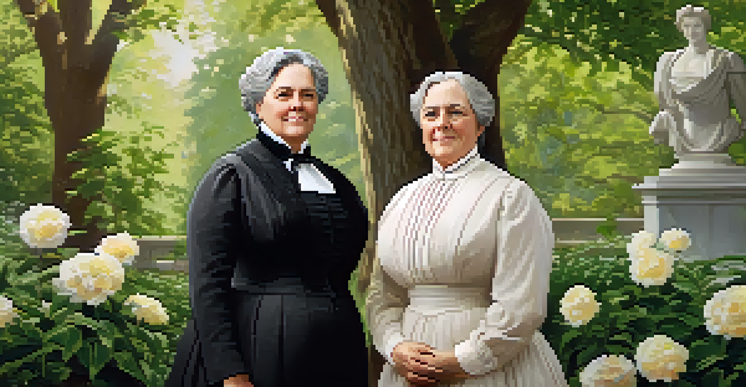 Elizabeth Cady Stanton and Susan B. Anthony in a sunny garden, smiling together in 19th-century attire, representing their partnership.