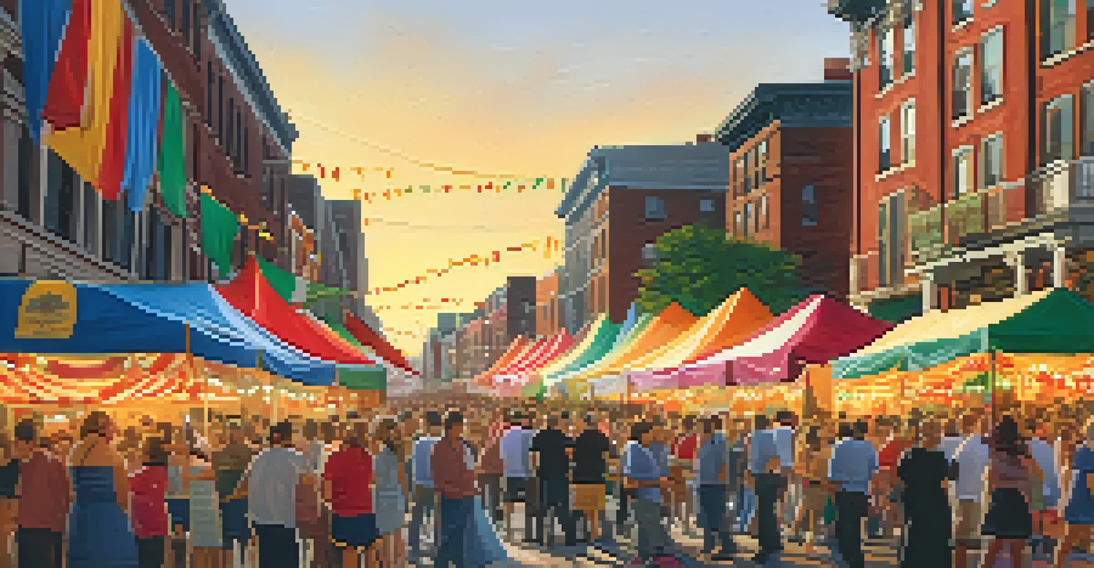 A festive celebration during the Feast of Saint Anthony with colorful banners and dancing crowds in the North End.