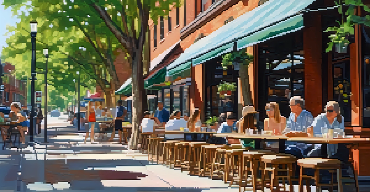 An outdoor café in South End with wooden tables, potted plants, and people enjoying their meals in a sunny atmosphere.