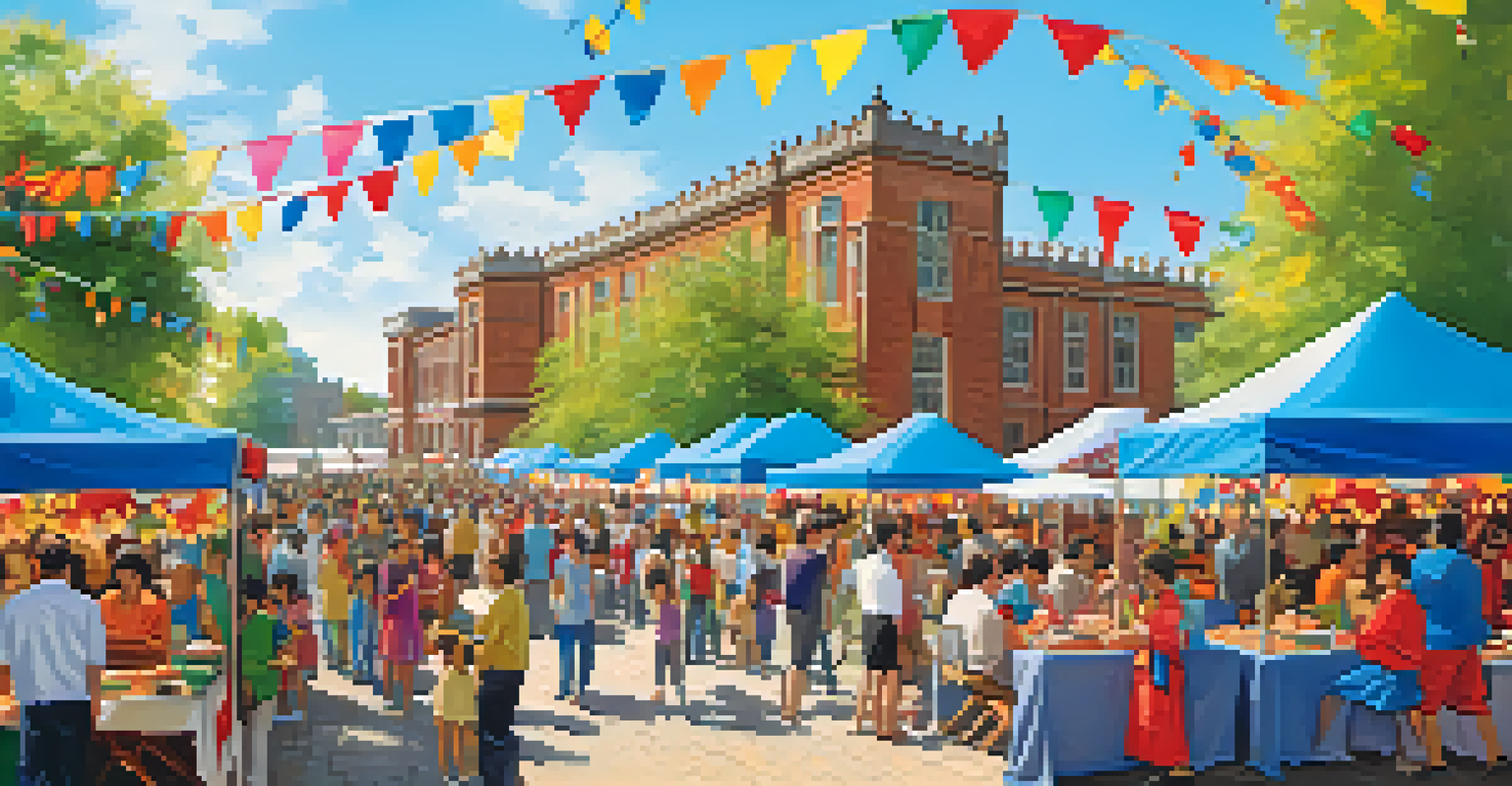 A lively cultural festival in Cambridge with diverse food stalls and community members enjoying various activities under a blue sky.