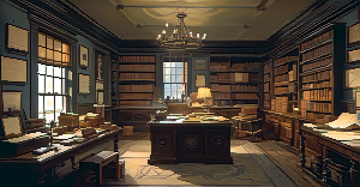 A 19th-century Boston merchant's office with maps, trade goods, and warm candlelight.