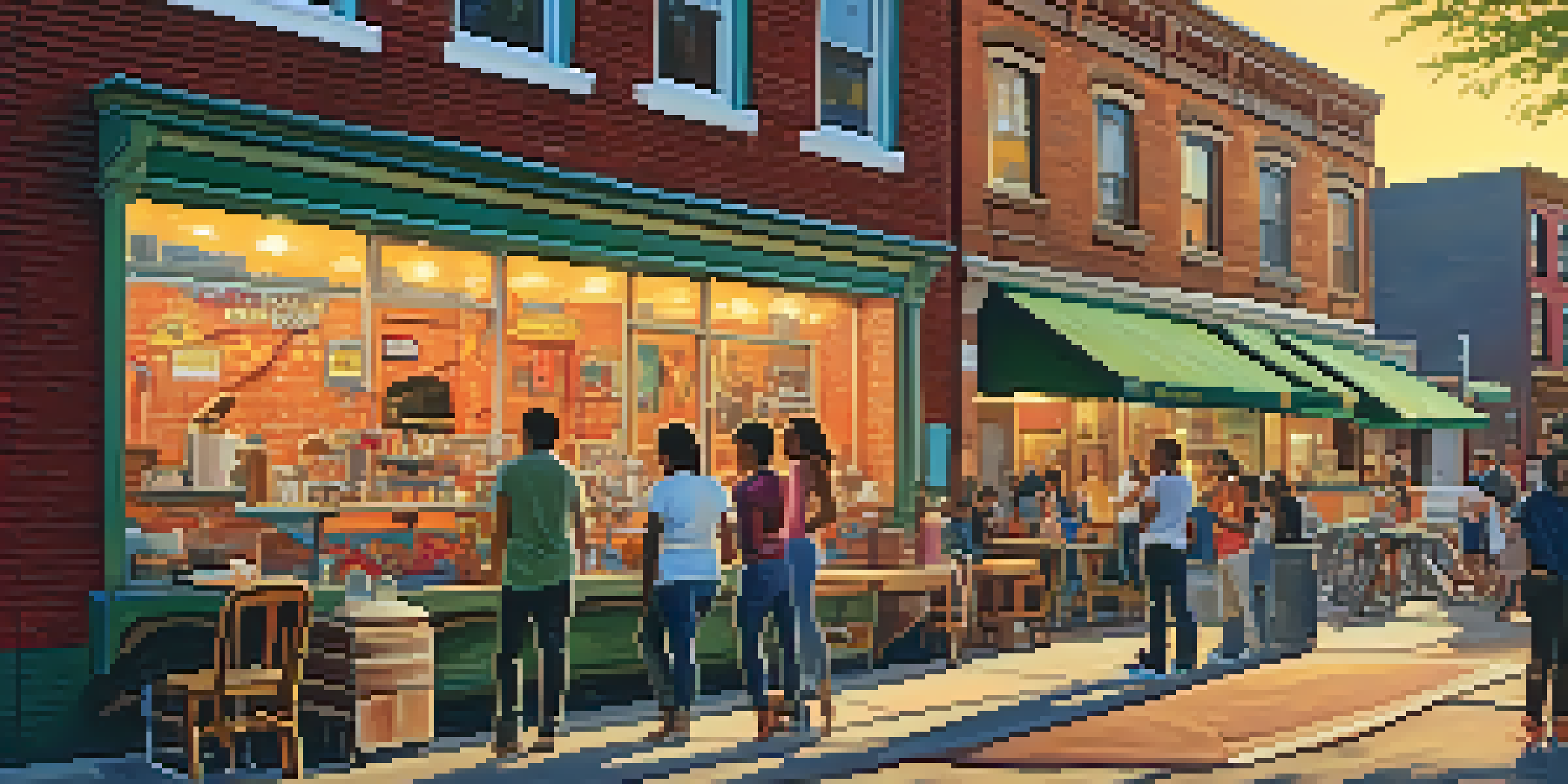 A lively street in South End with colorful murals, people walking, and a food truck, bathed in a warm sunset glow.