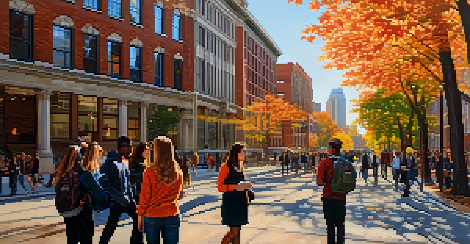 Students of diverse backgrounds discussing outside a technology college in Boston, surrounded by historic and modern buildings under warm afternoon sunlight.