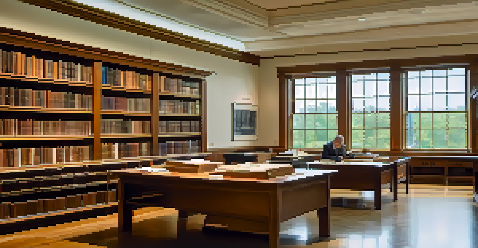 A researcher in the JFK Library's reading room, surrounded by books and archival documents in a well-lit space.