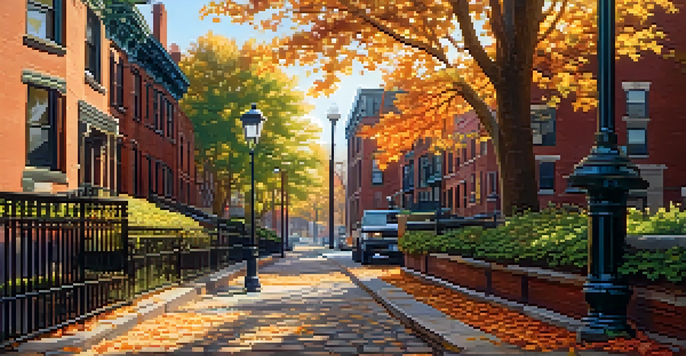 A peaceful view of Boston's historic streets with ivy-covered brick buildings and autumn leaves, illuminated by soft golden sunlight.