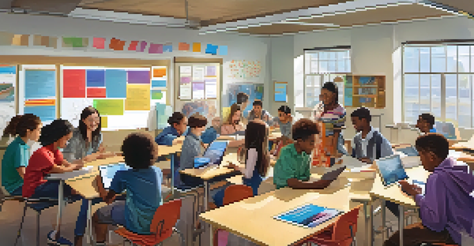 A bright classroom with diverse students working together on a project, surrounded by educational materials and technology.