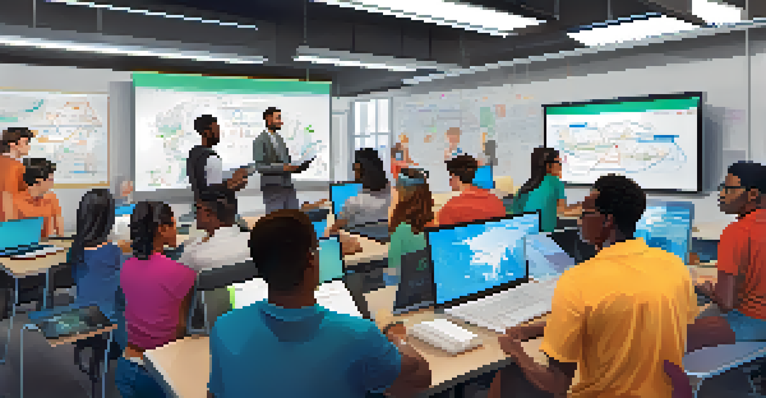 A diverse group of students working together on a tech project in a modern classroom filled with gadgets and diagrams.