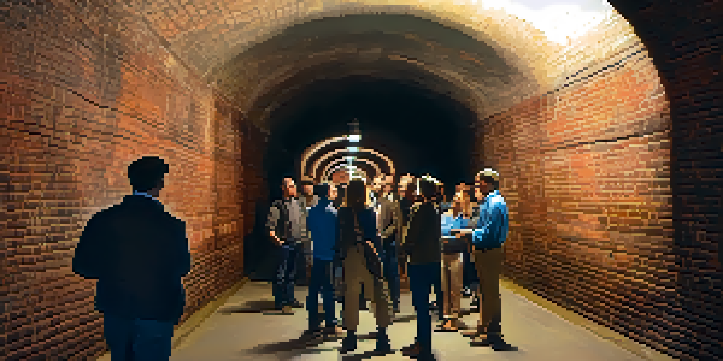 A guided tour group inside a historic Boston tunnel, examining brick walls and listening to the guide.