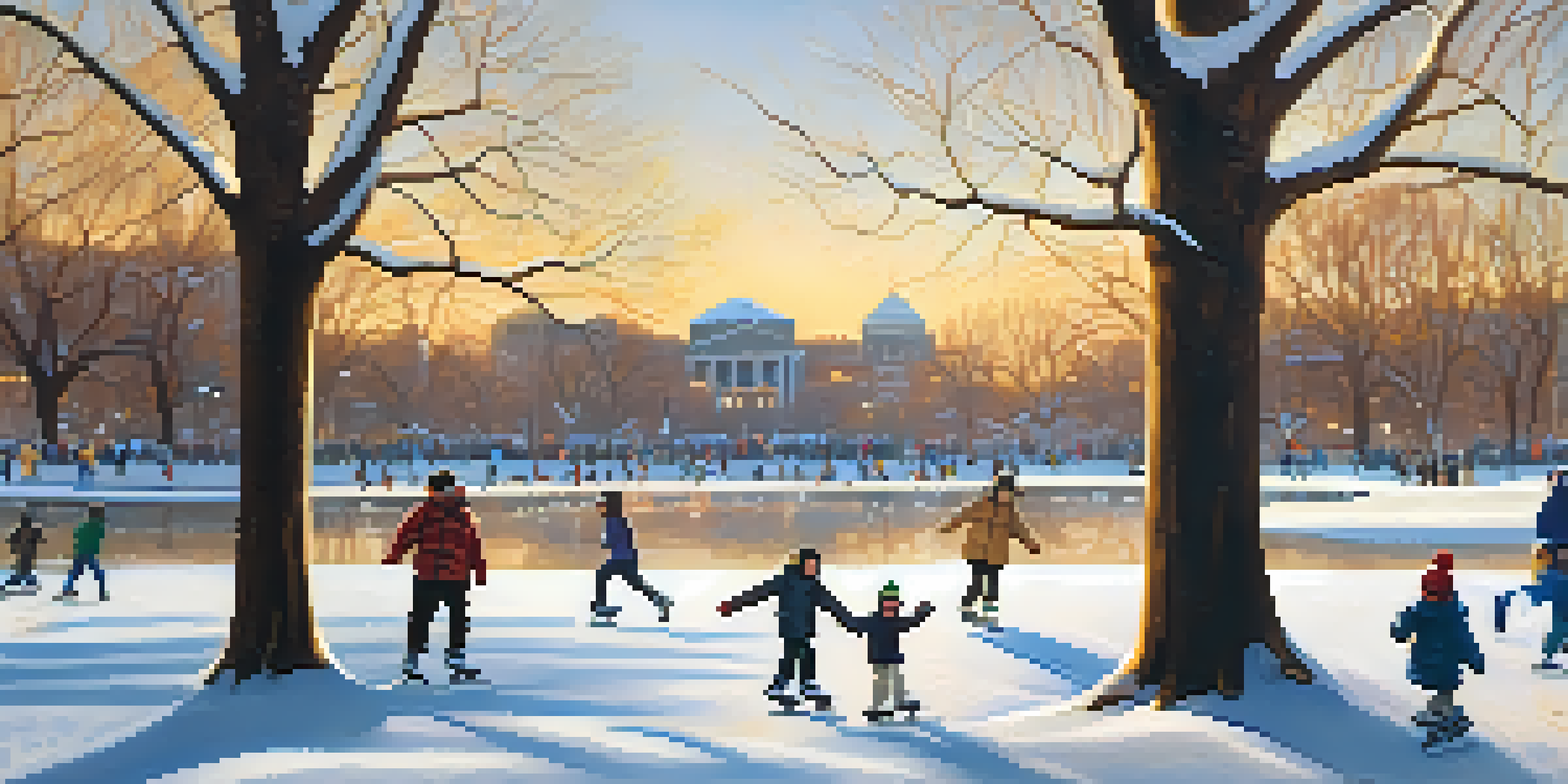 A family enjoying ice skating at Frog Pond in Boston, with laughter and snow-covered trees around them.