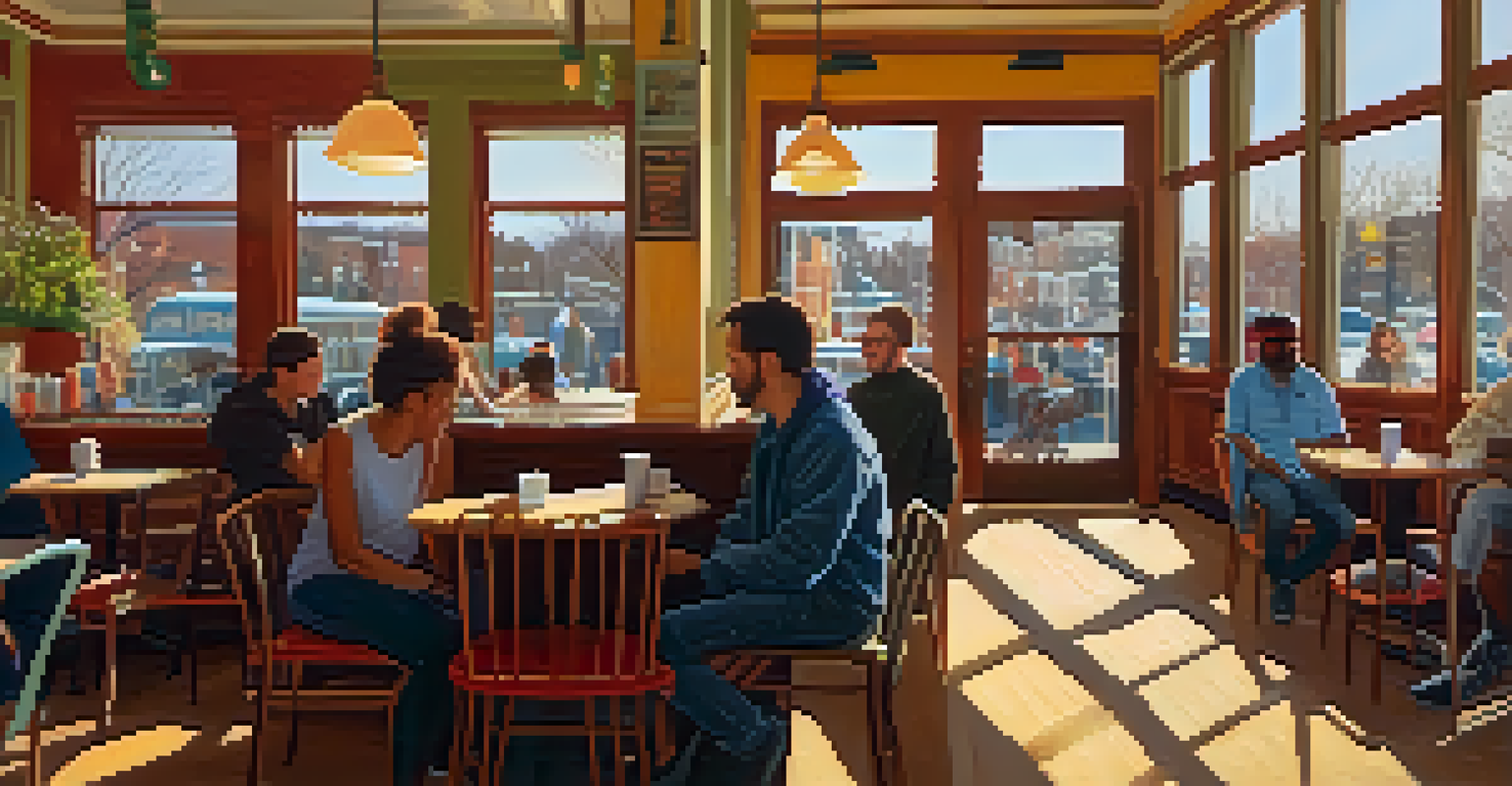 A warm and inviting café in Jamaica Plain filled with diverse patrons enjoying coffee and local art decor.