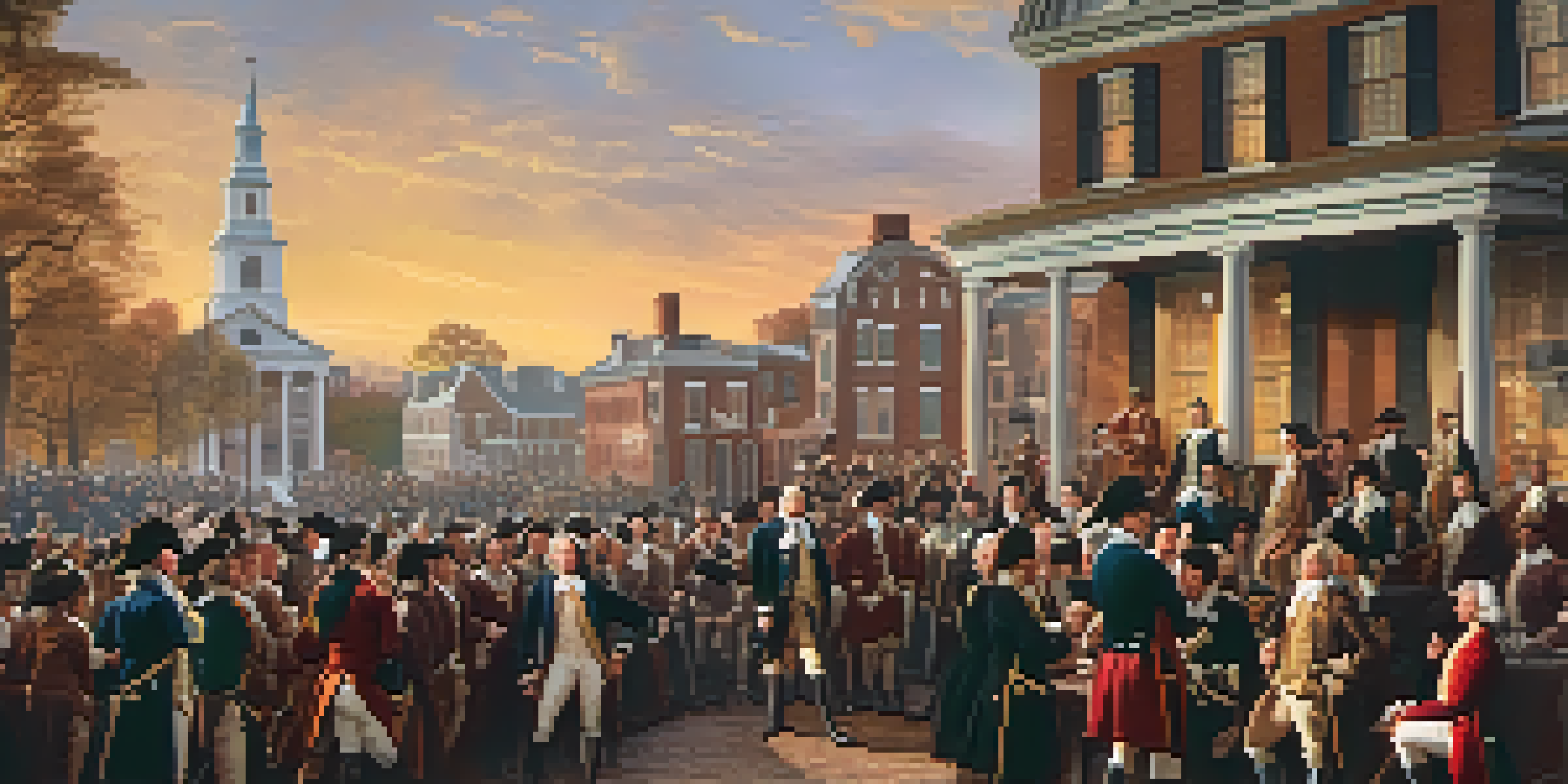 Samuel Adams speaking to a diverse crowd in Boston, dressed in colonial attire, with a warm sunset in the background.