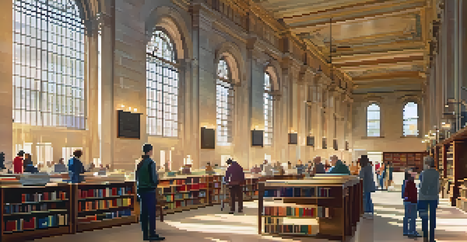 The interior of Boston Public Library with volunteers shelving books and assisting visitors in a warm, inviting atmosphere.