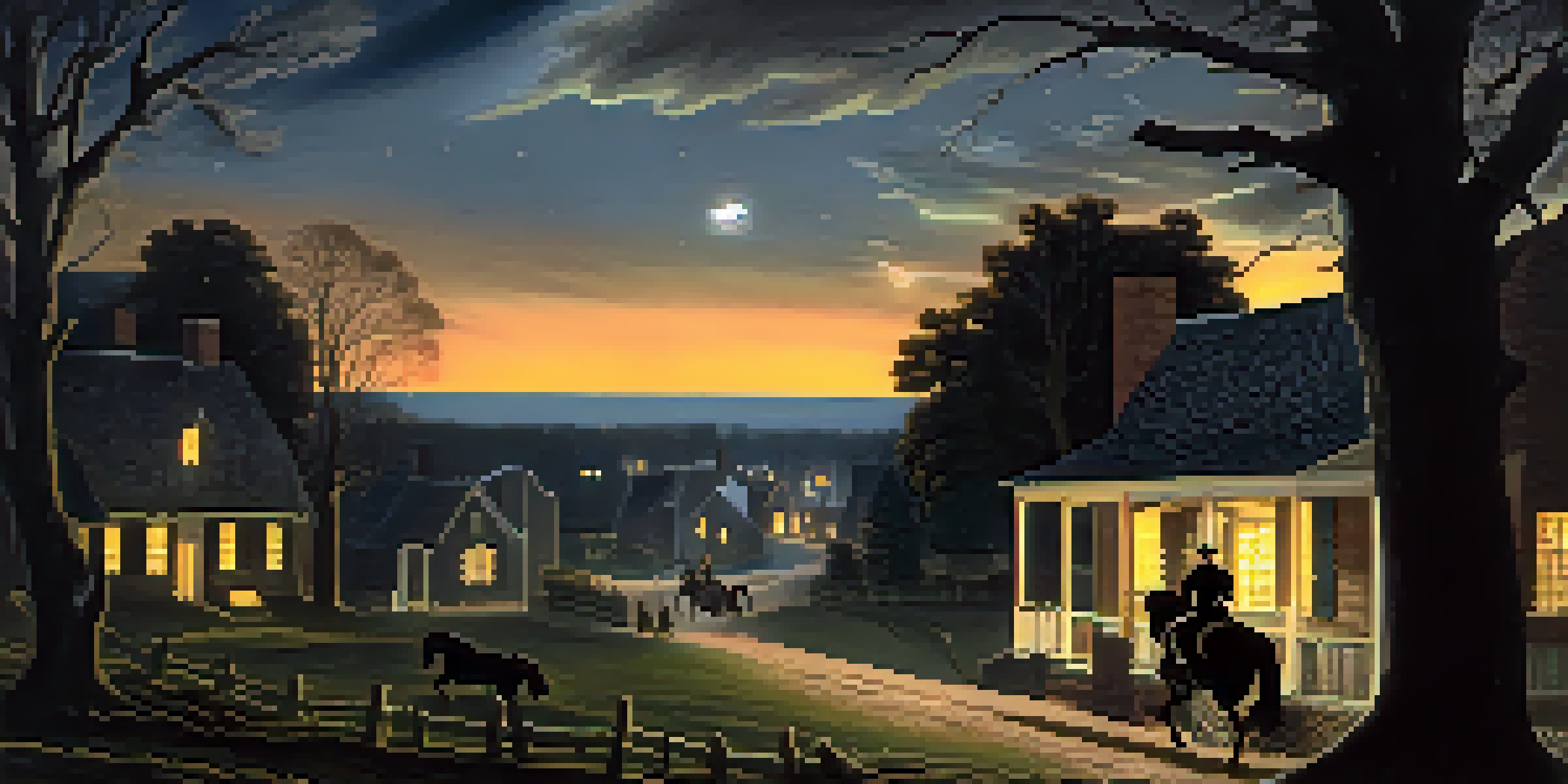 Paul Revere riding a horse at night, illuminated by lantern light, with a dark sky and trees in the background.