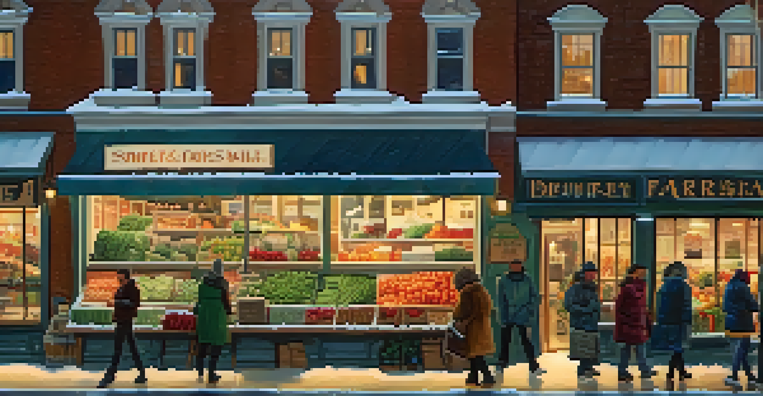 A charming winter market with shoppers and vendors, surrounded by warm lights and seasonal decorations, creating a welcoming community vibe.