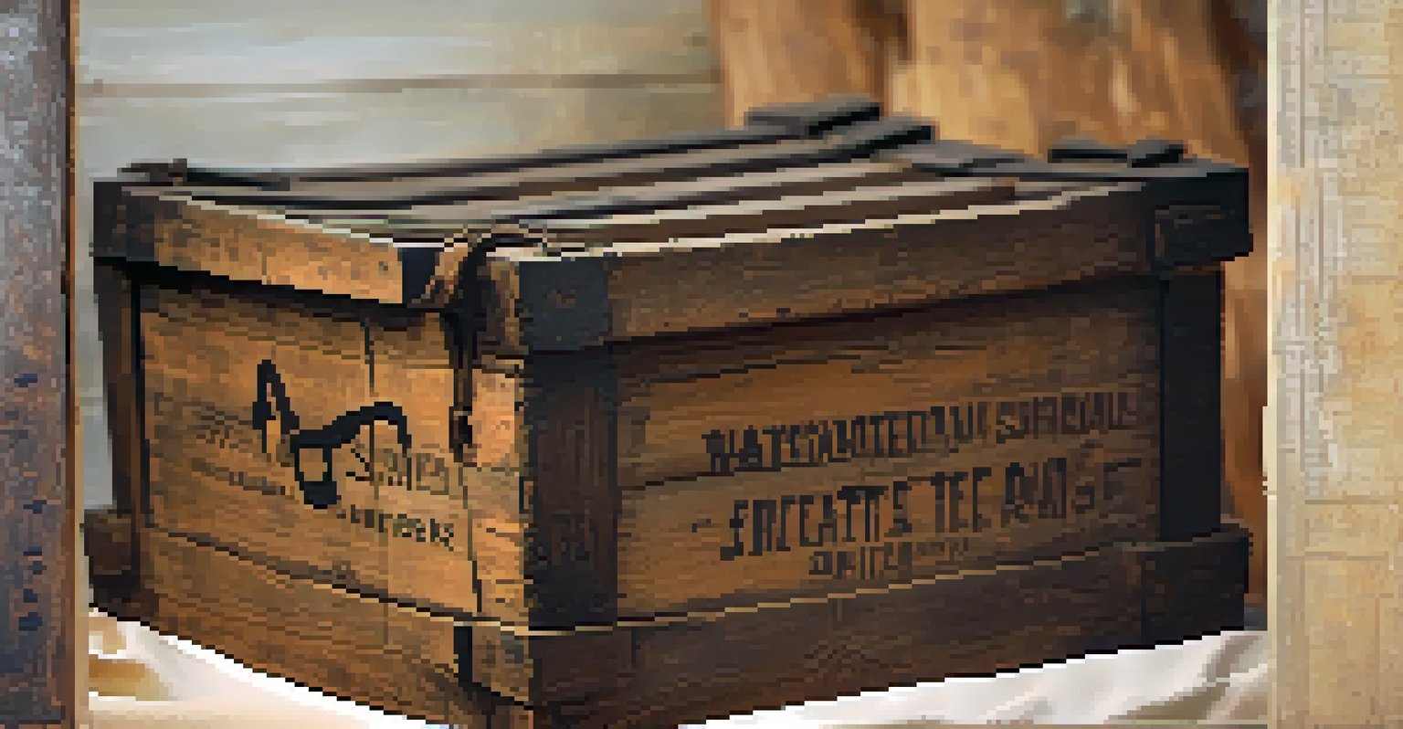 A detailed close-up of a historical tea crate from the Boston Tea Party, with soft museum elements in the background.