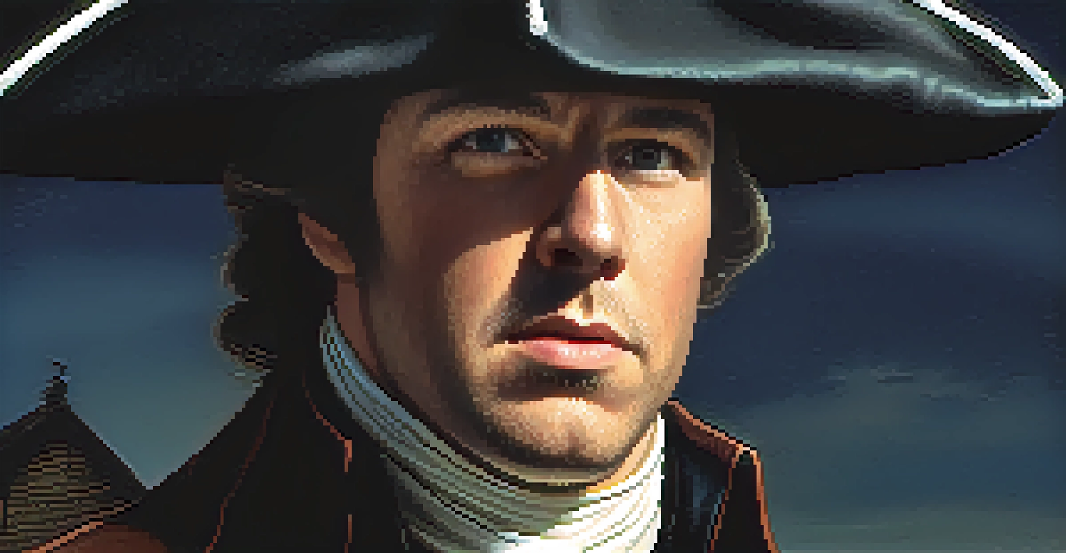 Close-up portrait of Paul Revere in 18th-century attire, looking determined against a dark rural background.