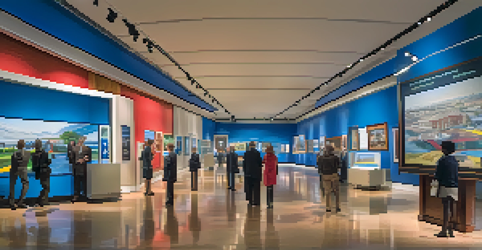 Visitors interacting with exhibits inside the JFK Presidential Library, with colorful displays and warm lighting.