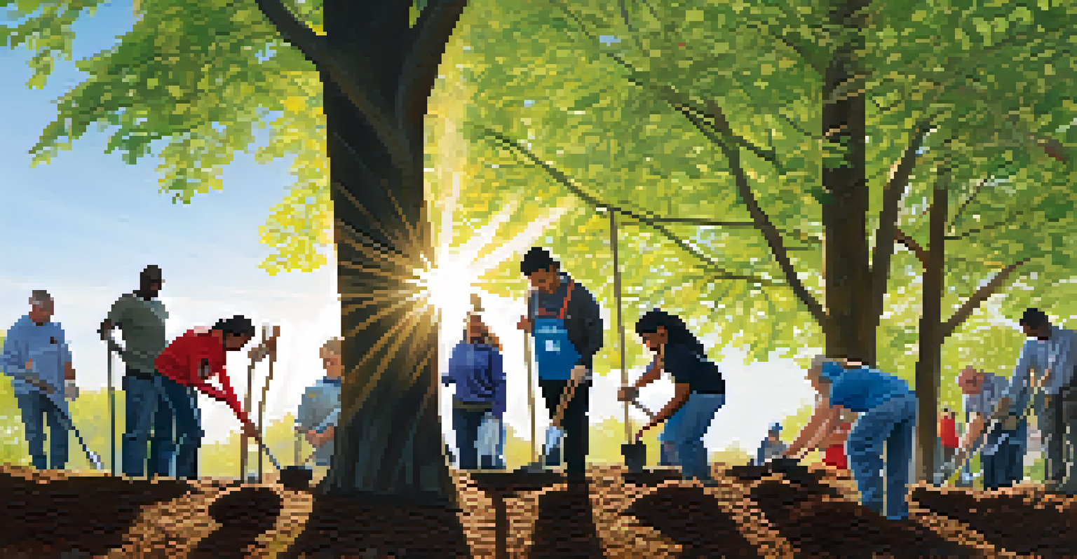 Volunteers planting trees in a park in Boston, showcasing community engagement and teamwork.
