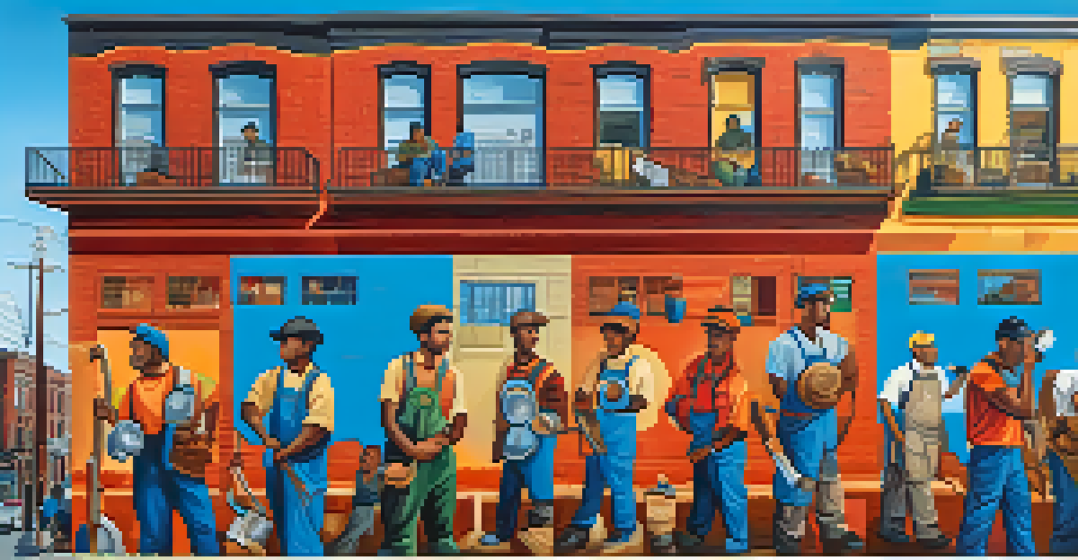 A colorful mural in Boston honoring the contributions of immigrant workers, showcasing diverse laborers and their stories.