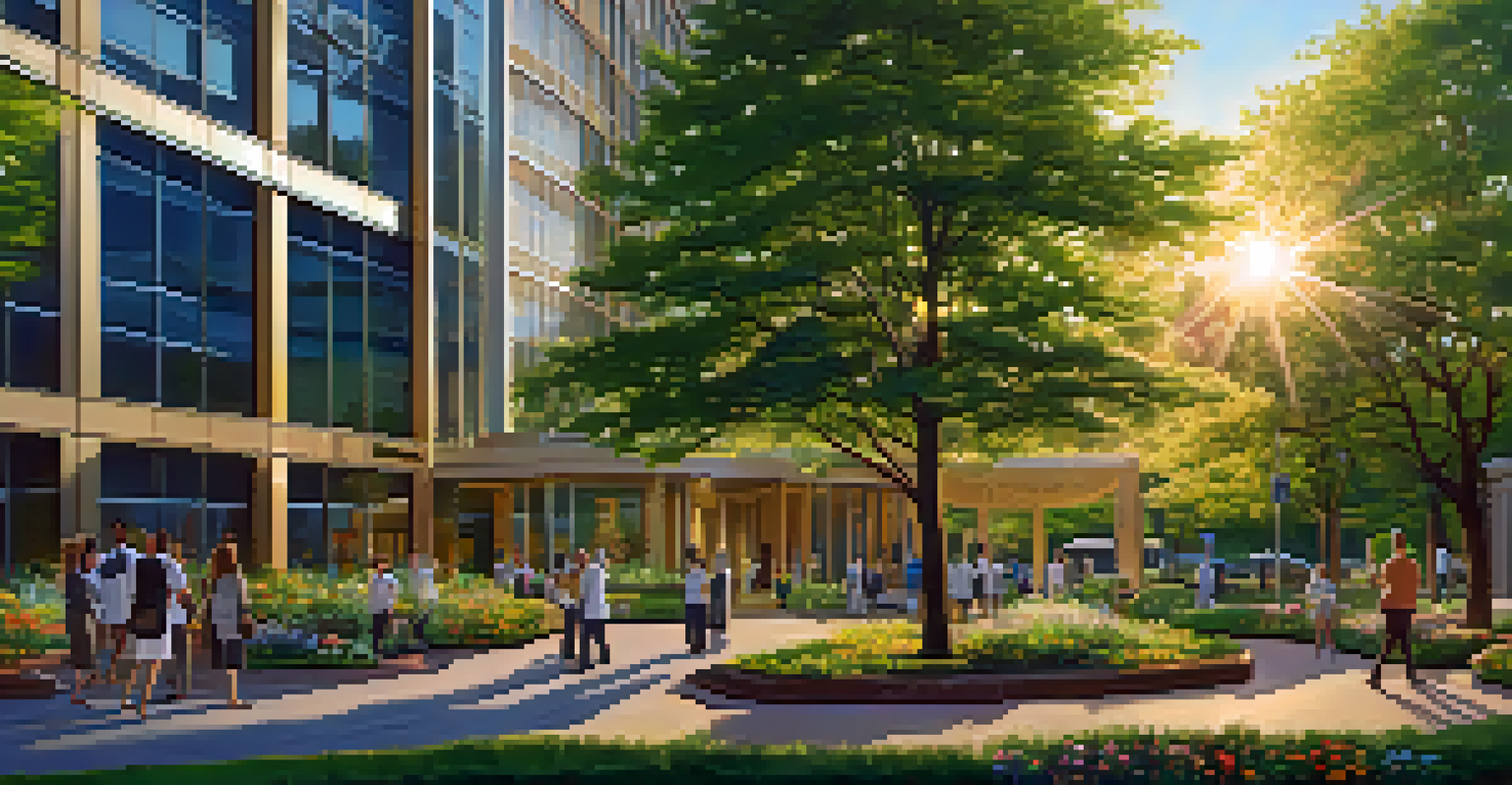 An outdoor view of Boston Medical Center with healthcare professionals engaging with patients in a park setting, surrounded by greenery.