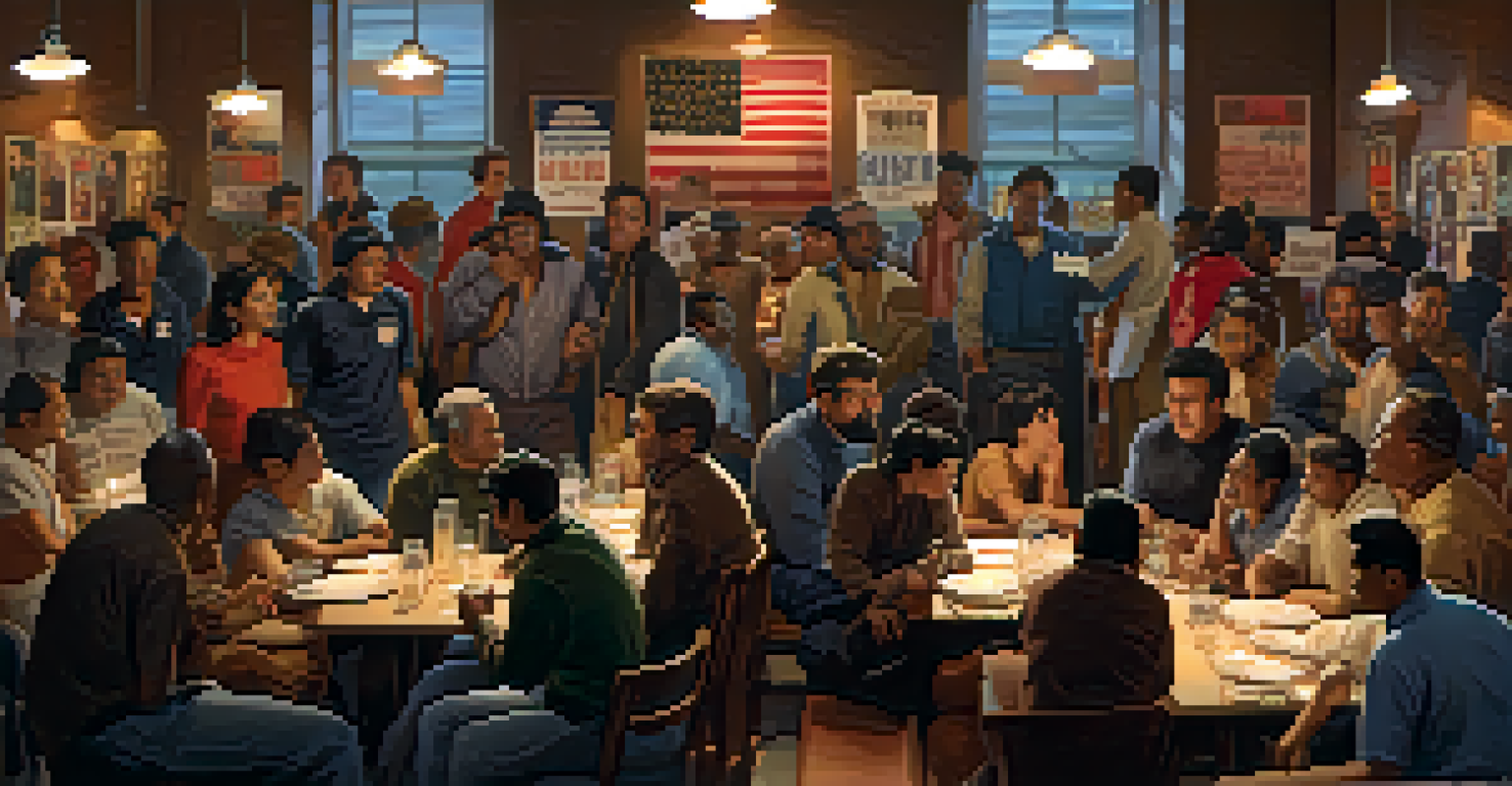 A group of diverse immigrant labor union members engaged in a discussion about workers' rights in a warmly lit hall.