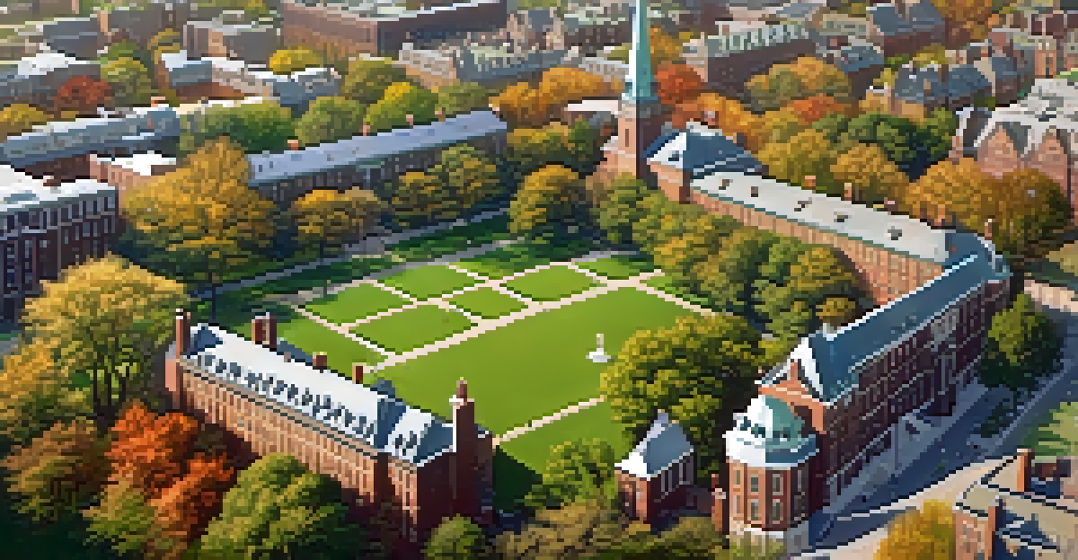 An aerial perspective of Harvard University showing the historic buildings and students enjoying the campus greenery under warm sunlight.