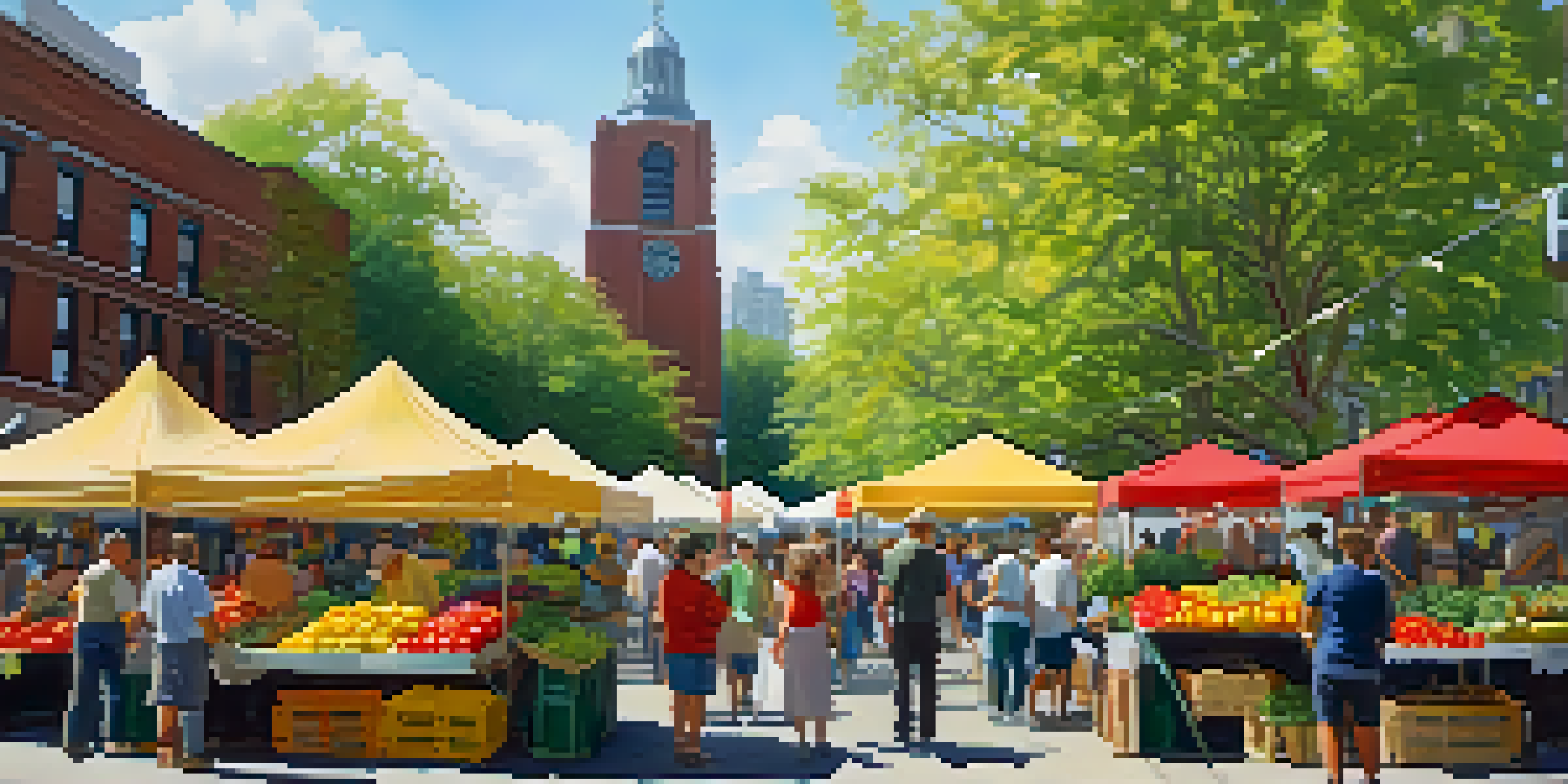 A lively farmers' market in Boston filled with colorful organic produce and people engaging with vendors.