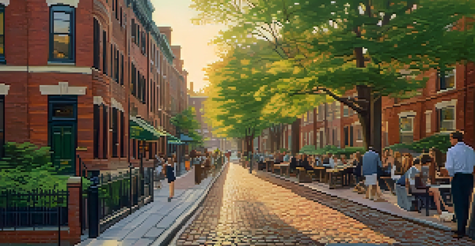 A scenic view of Boston's historic streets with poets gathered, surrounded by trees and brick buildings in warm sunlight.