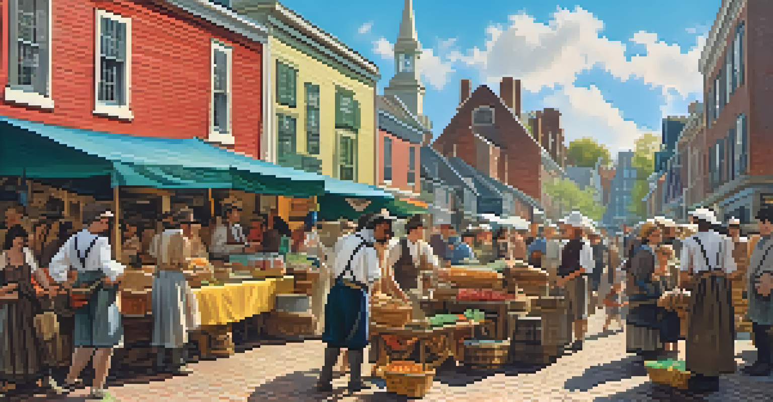 A busy market day in colonial Boston with merchants selling fish, timber, and rum.