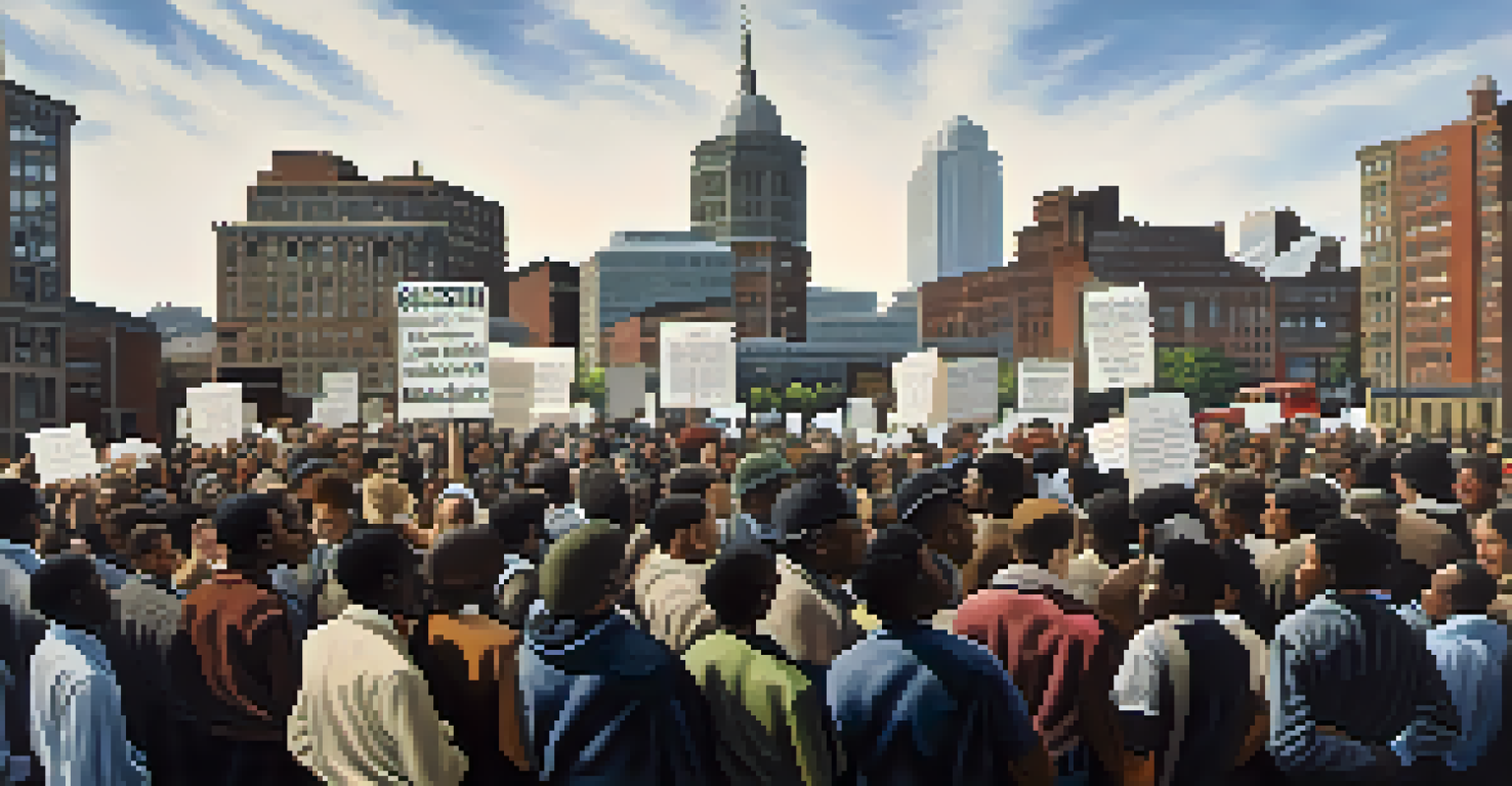 A protest for educational equity during the Civil Rights Movement in Boston, with a diverse crowd and cityscape in the background.