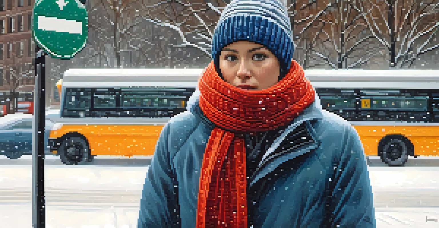 A close-up of a commuter at a snowy bus stop in Boston, wearing winter clothing, with snowflakes falling around them.