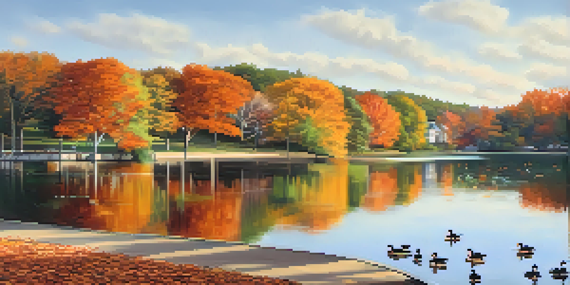 A picturesque scene of Jamaica Pond in autumn, showcasing colorful foliage and tranquil water with ducks swimming.