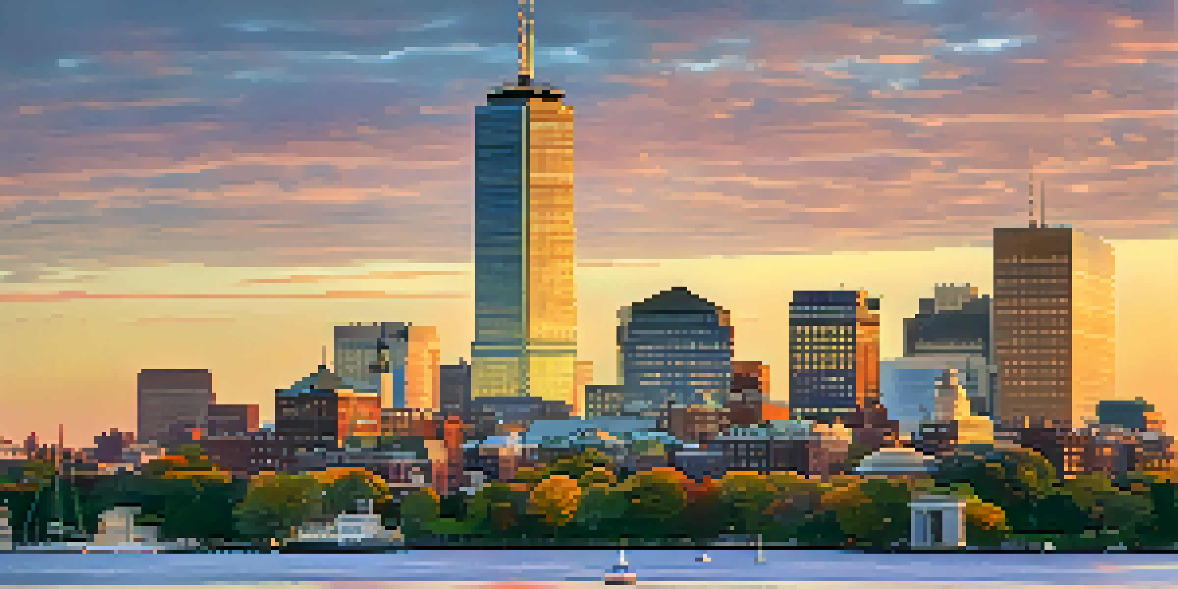 A panoramic view of Boston's skyline at sunset, featuring a mix of historic and modern architecture with warm golden light.