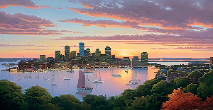 Aerial view of Boston's coastline at sunset, featuring the skyline, calm waters reflecting sunset colors, and waterfront greenery.