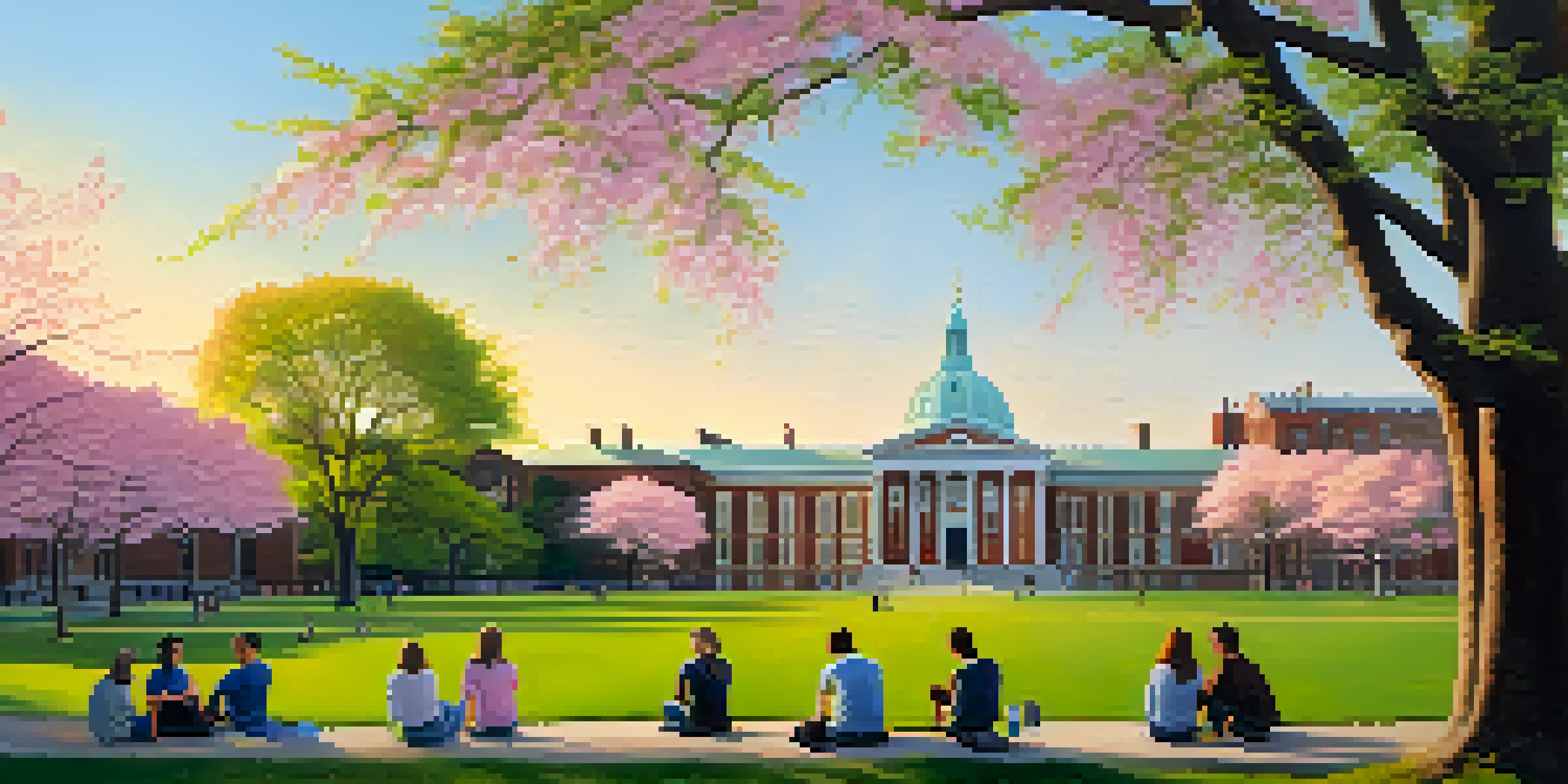 A panoramic view of Cambridge, featuring historic university buildings and students outdoors during golden hour.