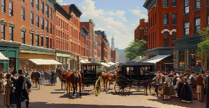 A busy street in 19th-century Boston, featuring diverse crowds, brick buildings, and horse-drawn carriages under soft afternoon sunlight.