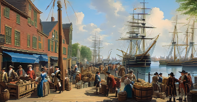 An 18th-century Boston port scene with tall ships, merchants, and trade activity under a bright blue sky.