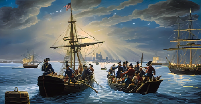 A group of colonists, disguised as Mohawk Indians, throwing tea chests into Boston Harbor under a moonlit sky.