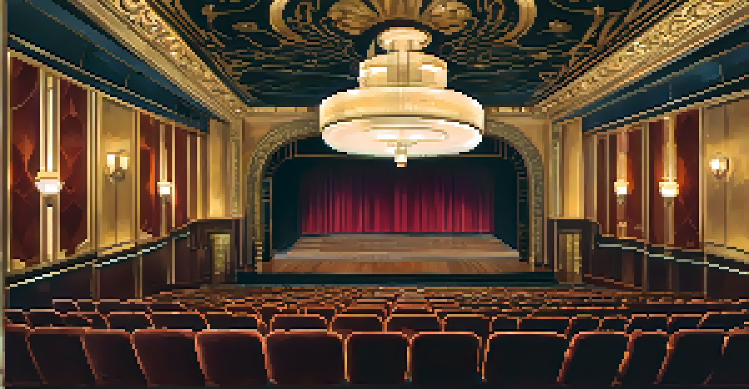 The interior of an Art Deco theater in Boston, featuring elegant curves, decorative motifs, and a grand chandelier, illuminated with warm golden lighting.