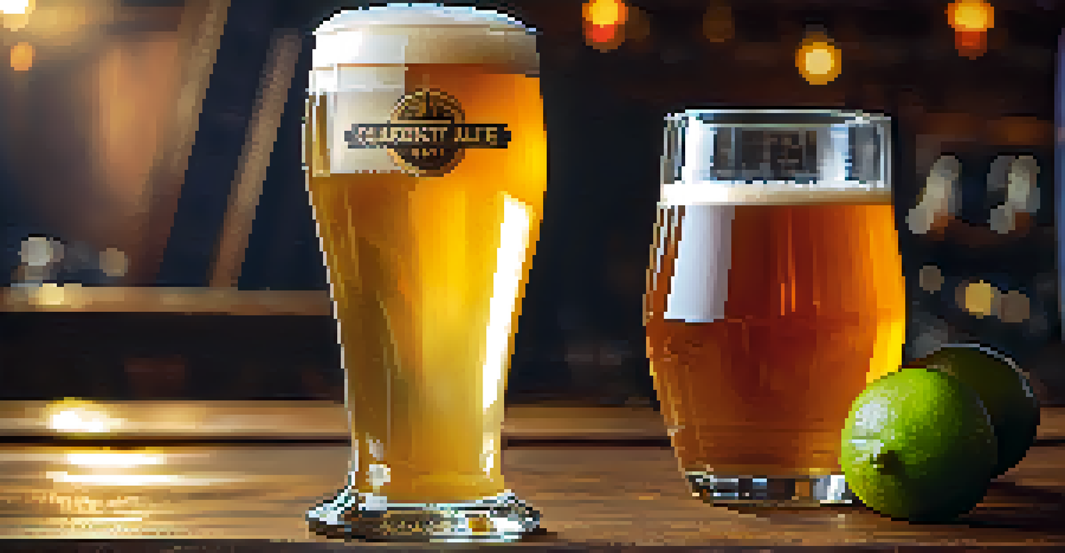 A close-up shot of a golden ale in a glass on a wooden table, with a brewery setting in the background.
