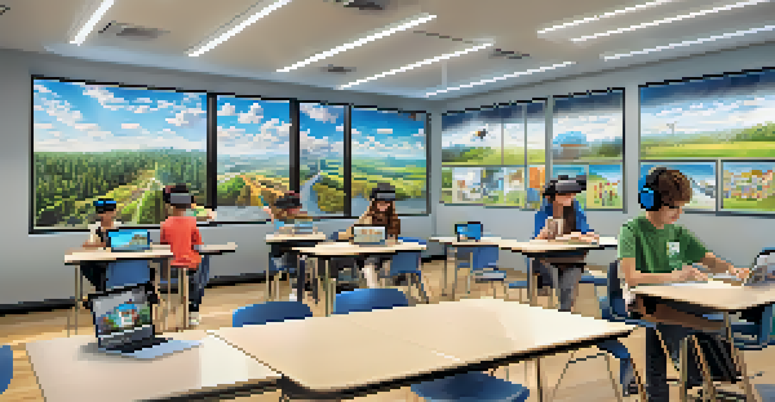 Students using virtual reality headsets in a modern classroom, engaged in interactive learning.